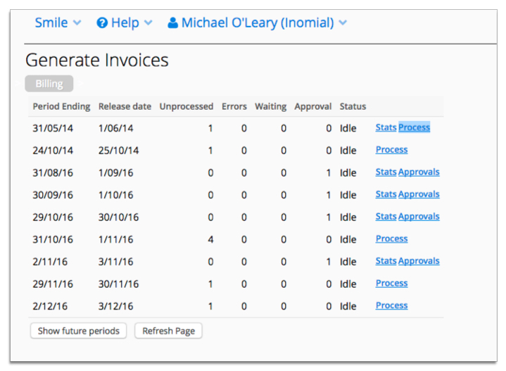 The image shows the Generate Invoices page.