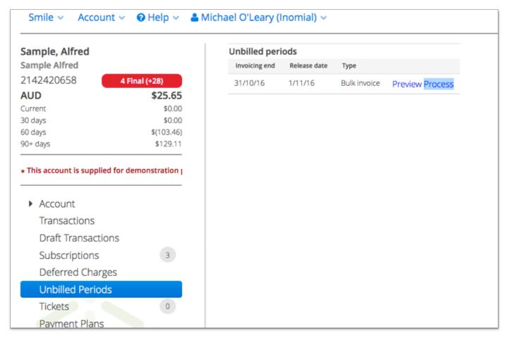The image shows the Unbilled periods page.