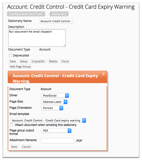 Screenshot showing a credit card expiry warning stationery document, including Page Setup configuration.