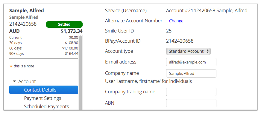 Screenshot showing the Contact tab of an account.