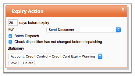Screenshot showing a credit card expiry warning action configuration window.