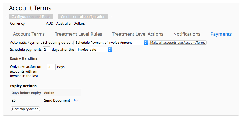 Screenshot showing a credit control Payments configuration tab.