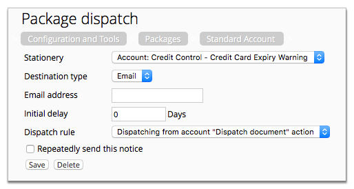 Screenshot showing a credit card expiry warning package dispatch configuration page.