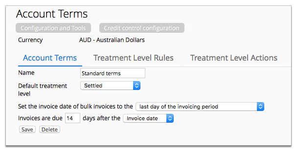 Screenshot showing Account Terms configuration for the Standard terms accounting terms.
