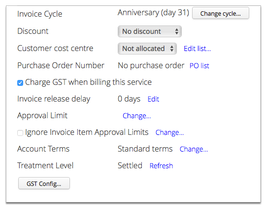 Screenshot showing Account Billing tab displaying Account Terms and Document Dispatch settings.