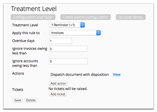 Screenshot showing treatment level rule configuration for the first reminder.