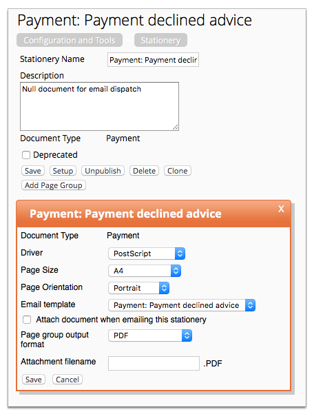 Screenshot showing a payment declined stationery document, including Page Setup configuration.