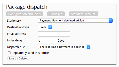 Screenshot showing a package dispatch configuration page.