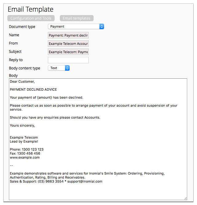 Screenshot showing a payment declined email template.