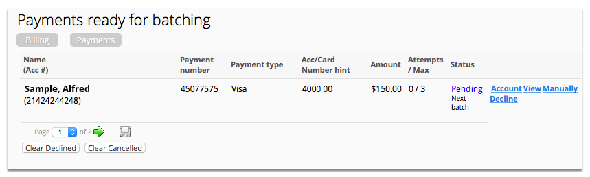 Screenshot showing a pending payment awaiting batch.