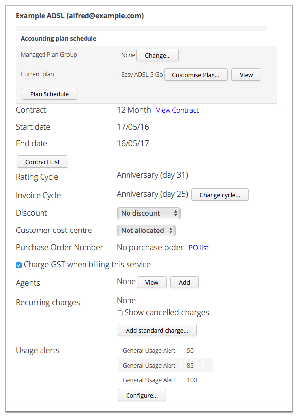 Screenshot showing configuration of usage alerts on a subscription.