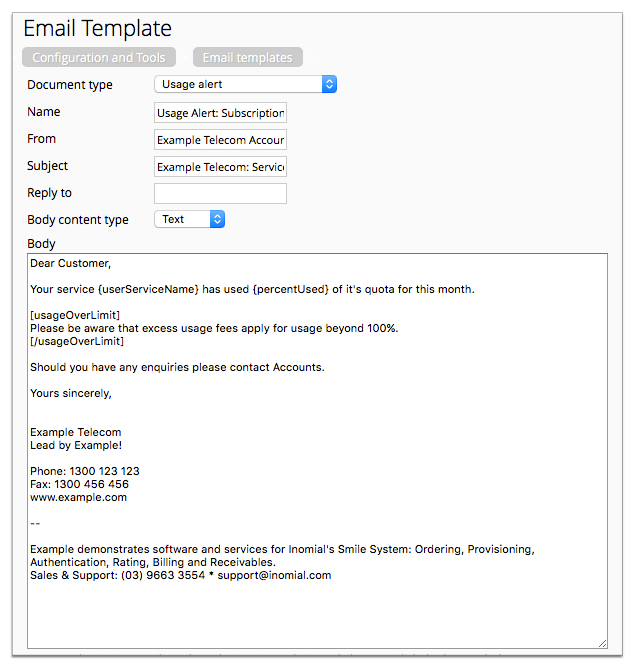 Screenshot showing a usage alert email template.