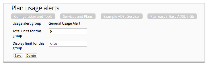 Screenshot showing a configuration page for a usage alert group added to a plan.