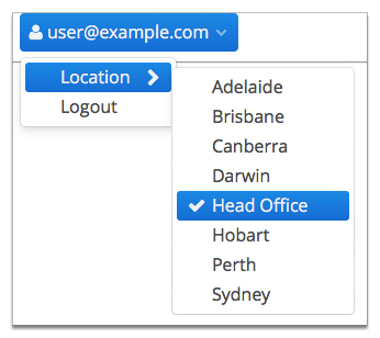 Screenshot of an example of locations available to a logged in Smile operator      in the Smile Menu Bar