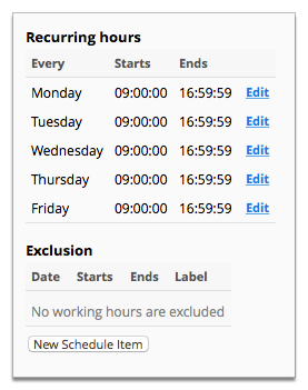 Screenshot of the Helpdesk hours screen