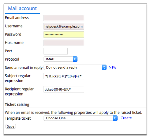 Screenshot of Incoming email support email address properties page
