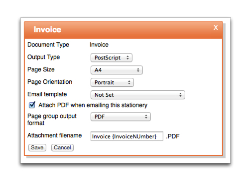 Screenshot of page setup properties for an invoice document type