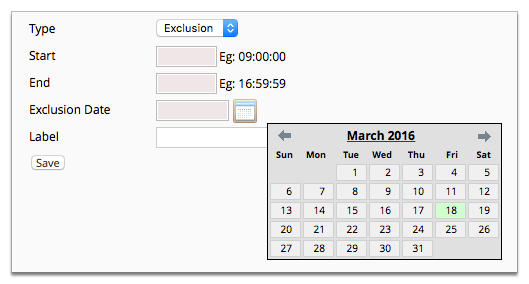Screenshot of the Helpdesk schedule item screen for exclusions
