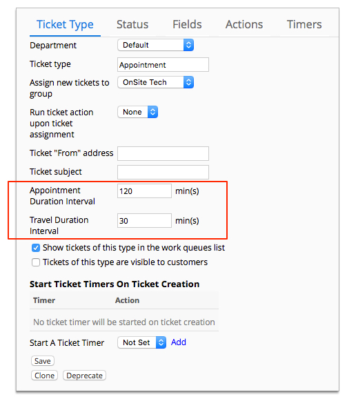 Screenshot of the Ticket Type tab displaying appointment property fields