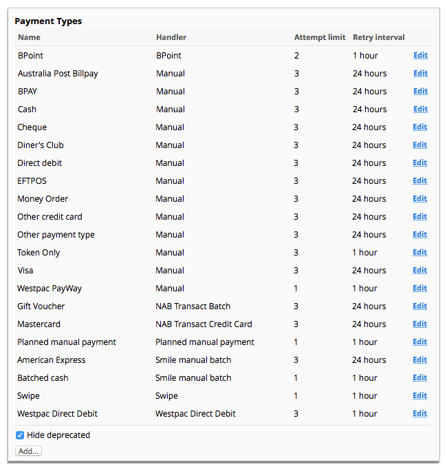 Screenshot of the Payment Types page