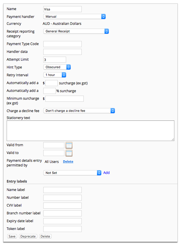 Screenshot of Visa payment method properties page