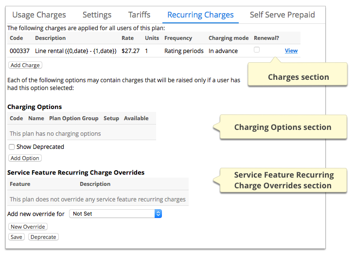 Screenshot of recurring charges tab