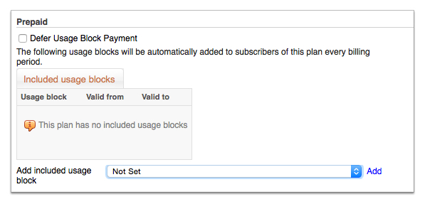 Screenshot of the Plan settings prepaid included usage blocks