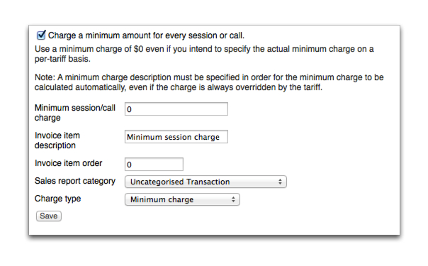 Screenshot of the Minimum session charge page
