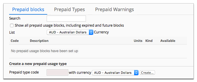 Screenshot of the Prepaid blocks tab