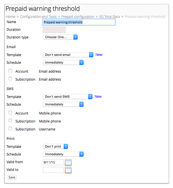 Screenshot of the Prepaid block warning threshold properties page