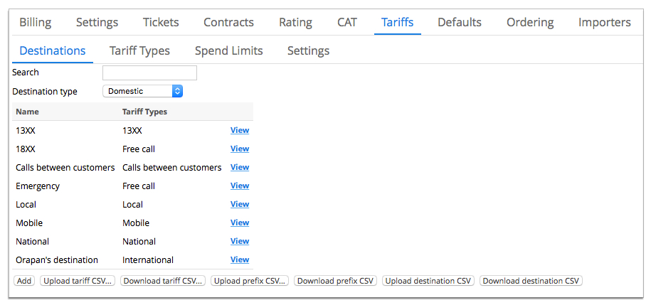 Screenshot of a service tariffs tab and sub-tabs