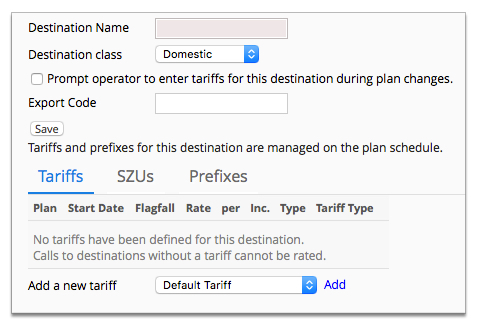 Screenshot of destination properties page, displaying the tariffs sub-tab
