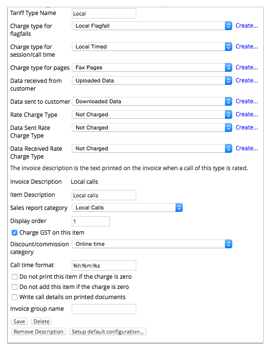 Screenshot of tariff type properties page