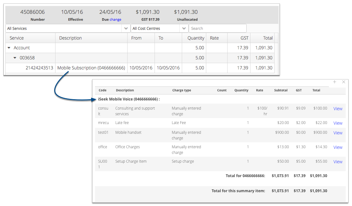 Screenshot showing an example of roll up invoice grouping.