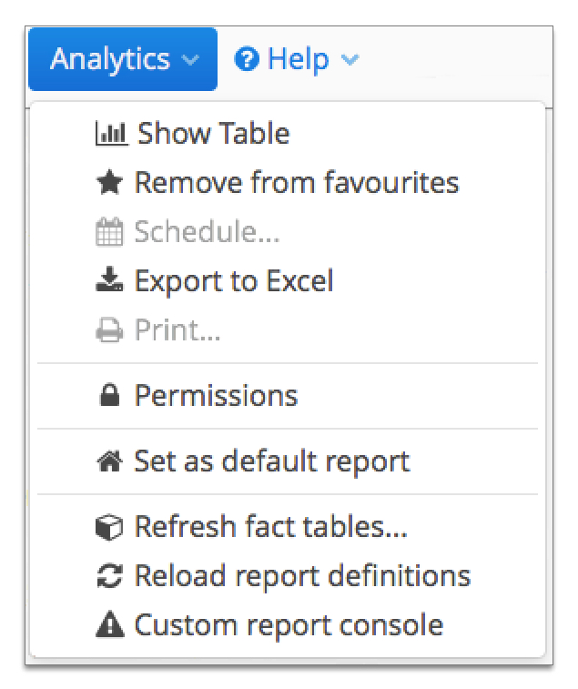 Screenshot showing the Analytics funbar menu.