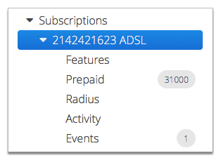 The screenshot shows that Smile displays the subscription summary page, Features, Prepaid, Radius, Activity and Events sub-menus for a broadband subscription.