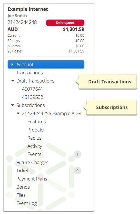 Screenshot showing the Draft Transactions and Subscriptions sections of the Account Menu Tree