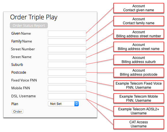 The screenshot shows the account and subscription fields that correspond to each field in the Triple Play order form.