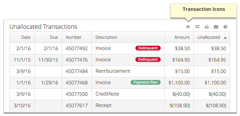 The screenshot shows the Unallocated Transactions section.