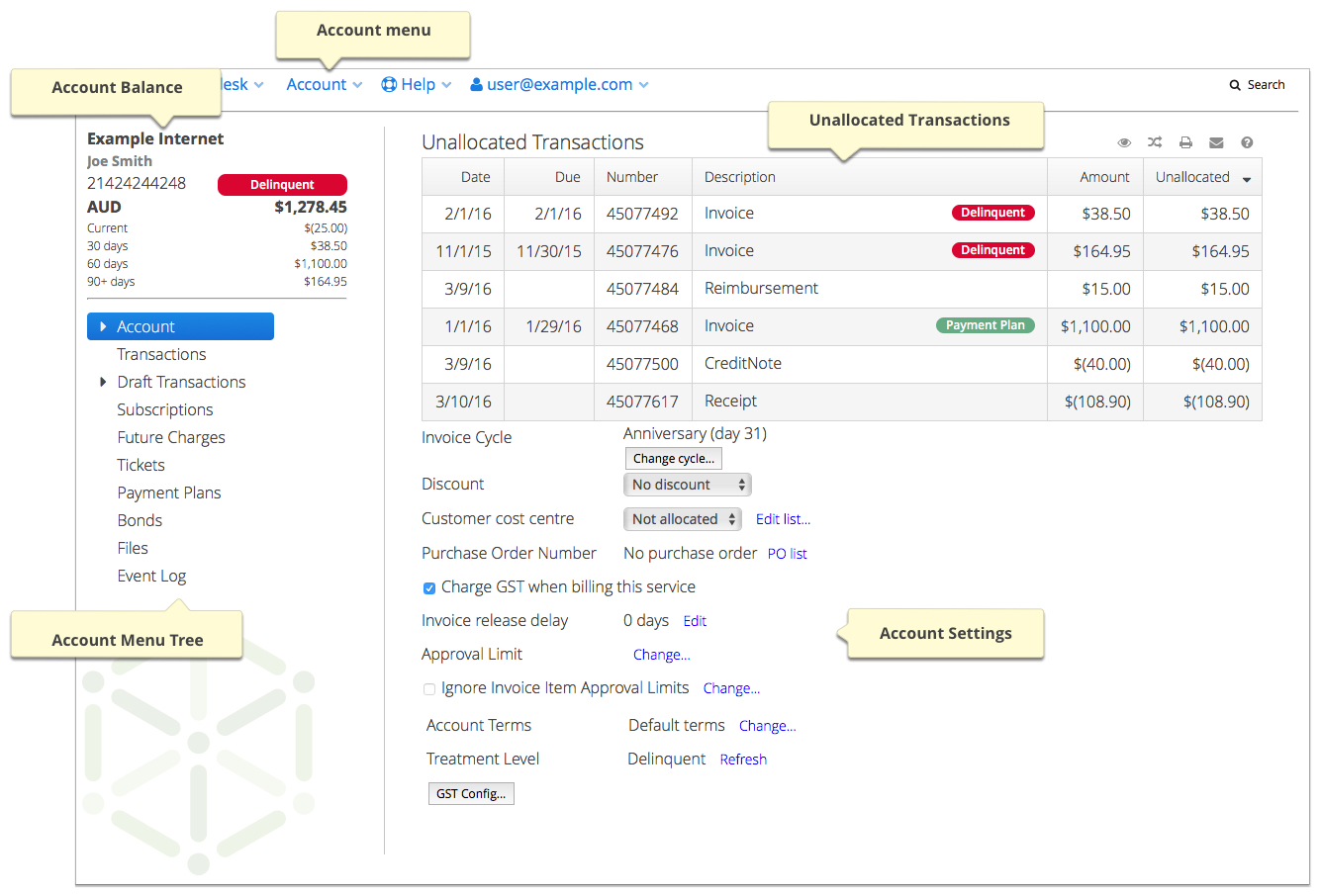 Screenshot showing the sections of the Account page.