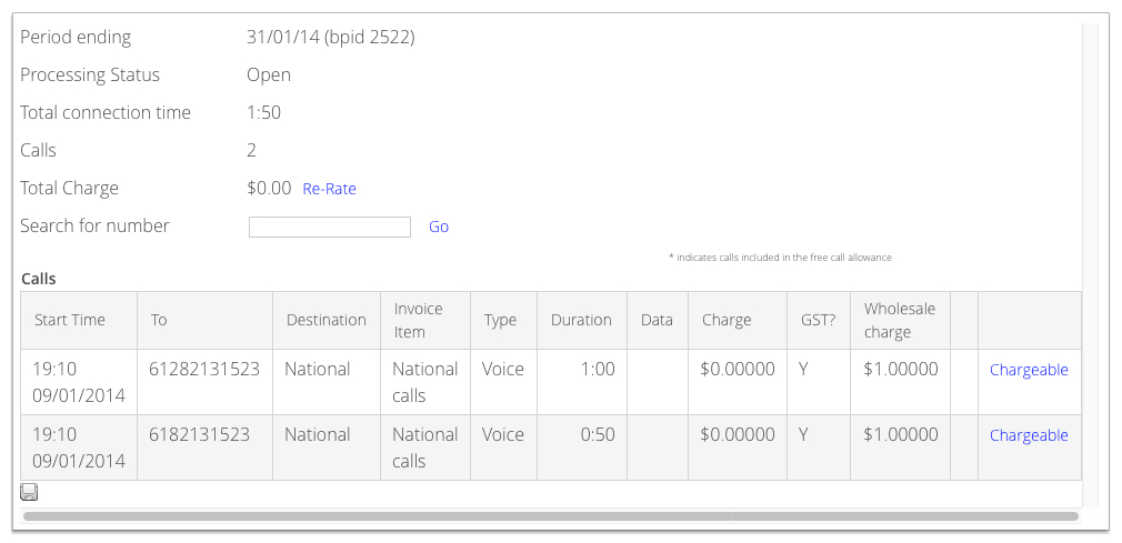 The screenshot shows an example of the Detailed call information window.