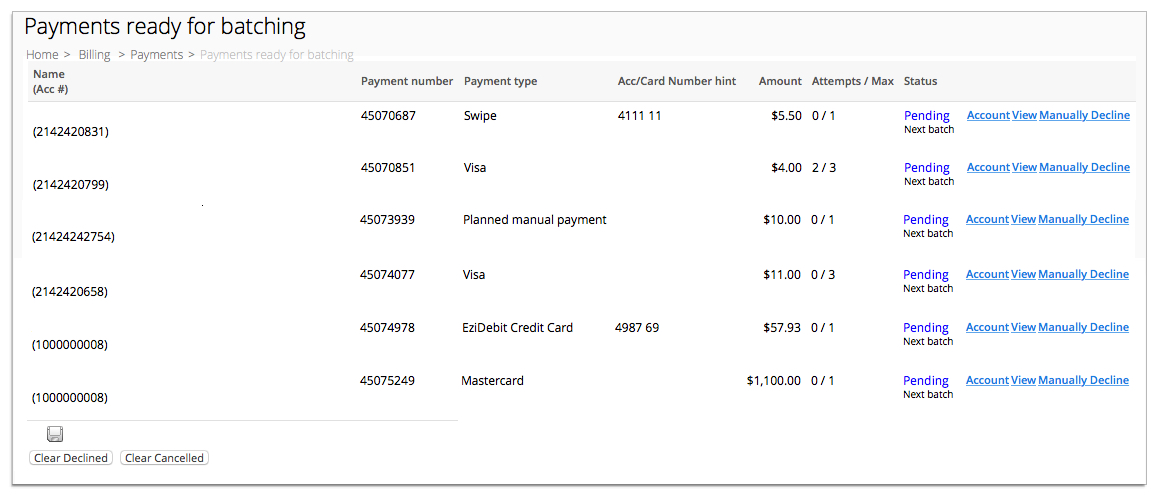 Screenshot of the Payments ready for batching page.